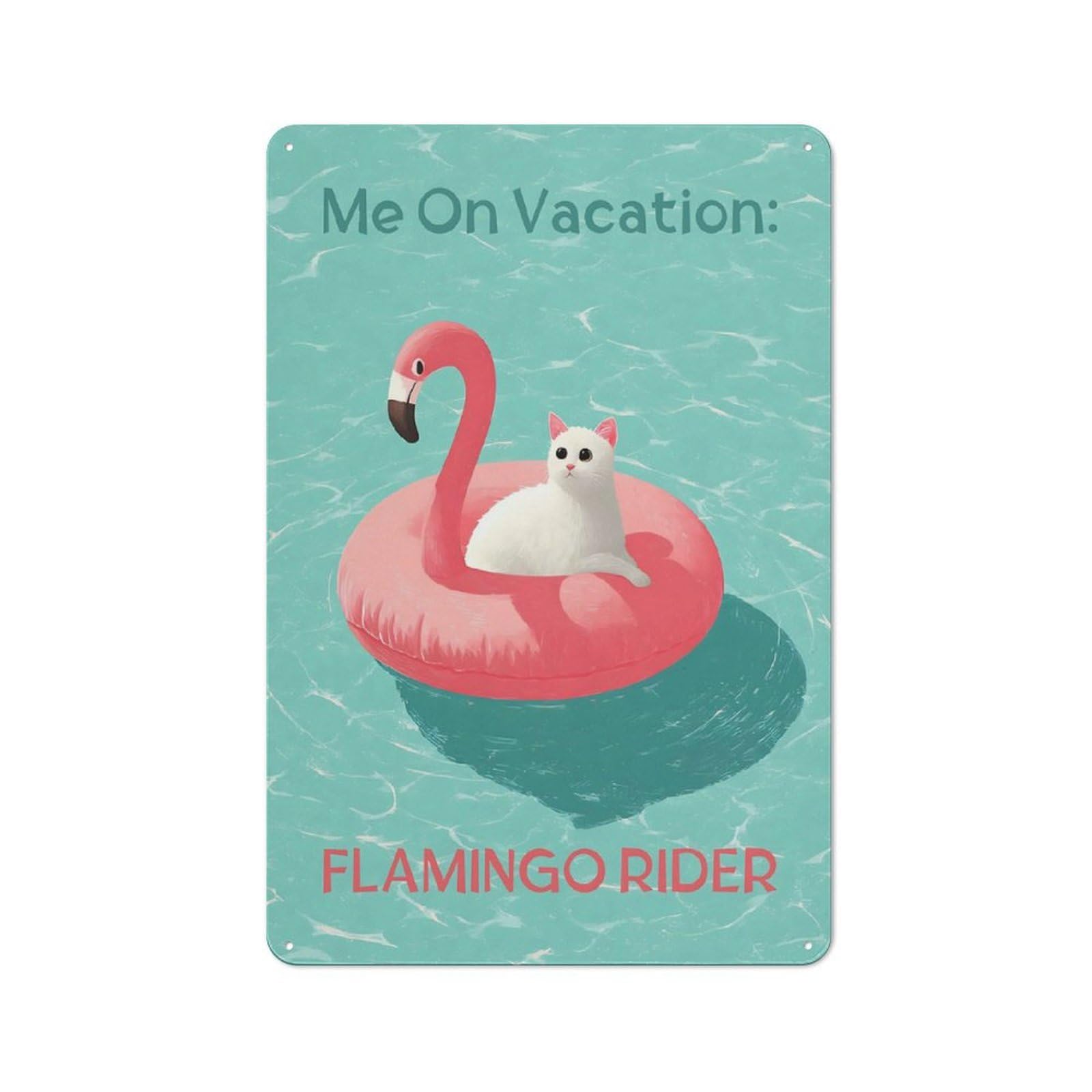 Metal Wall Sign 30x20cm Featuring Me On Vacation︰ Flamingo Rider for Garage Wall, A Housewarming Gift for People Furnishing A Garage