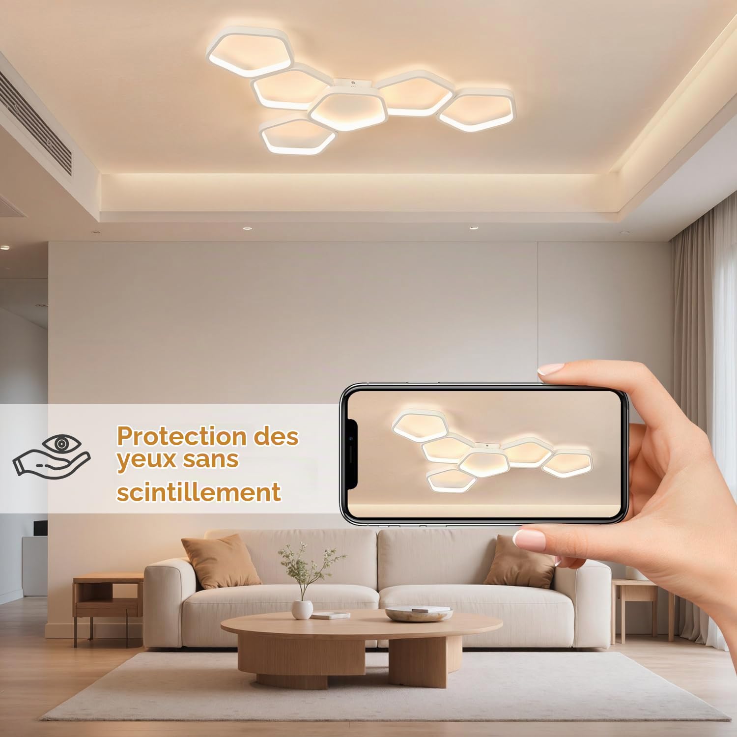 Plafonnier LED Moderne, 58W 3000K-6500K Lampe de Plafond Dimmable, 5 Anneaux Design Chambre Eclairage Luminaire Plafonnier avec Telecommande APP pour Salon Bureau Cuisine Couloir