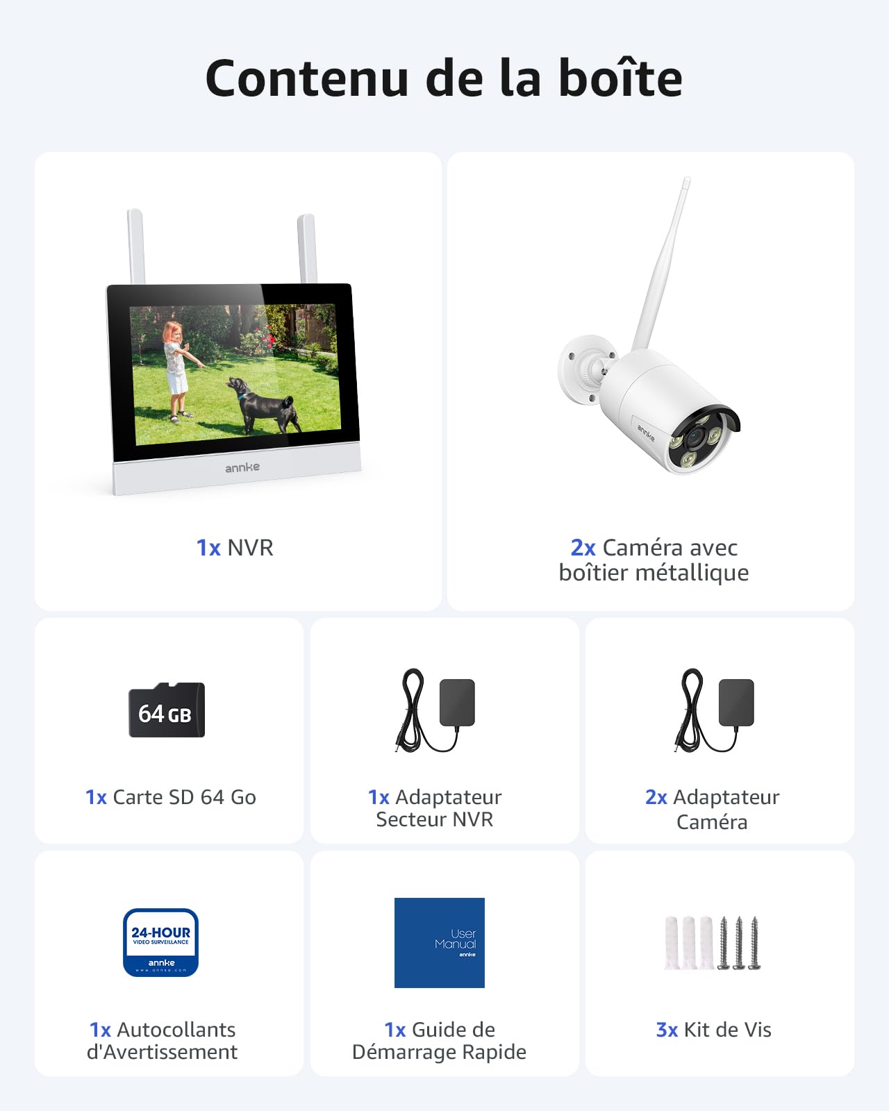 ANNKE Kit Surveillance sans Fil avec Écran LCD 7", 4CH 5MP NVR avec Écran Tactile IPS, 2 Caméras de Surveillance WiFi Extérieures 3MP, Vision Nocturne 100ft, Détection Humaine, Audio Bidirectionnel