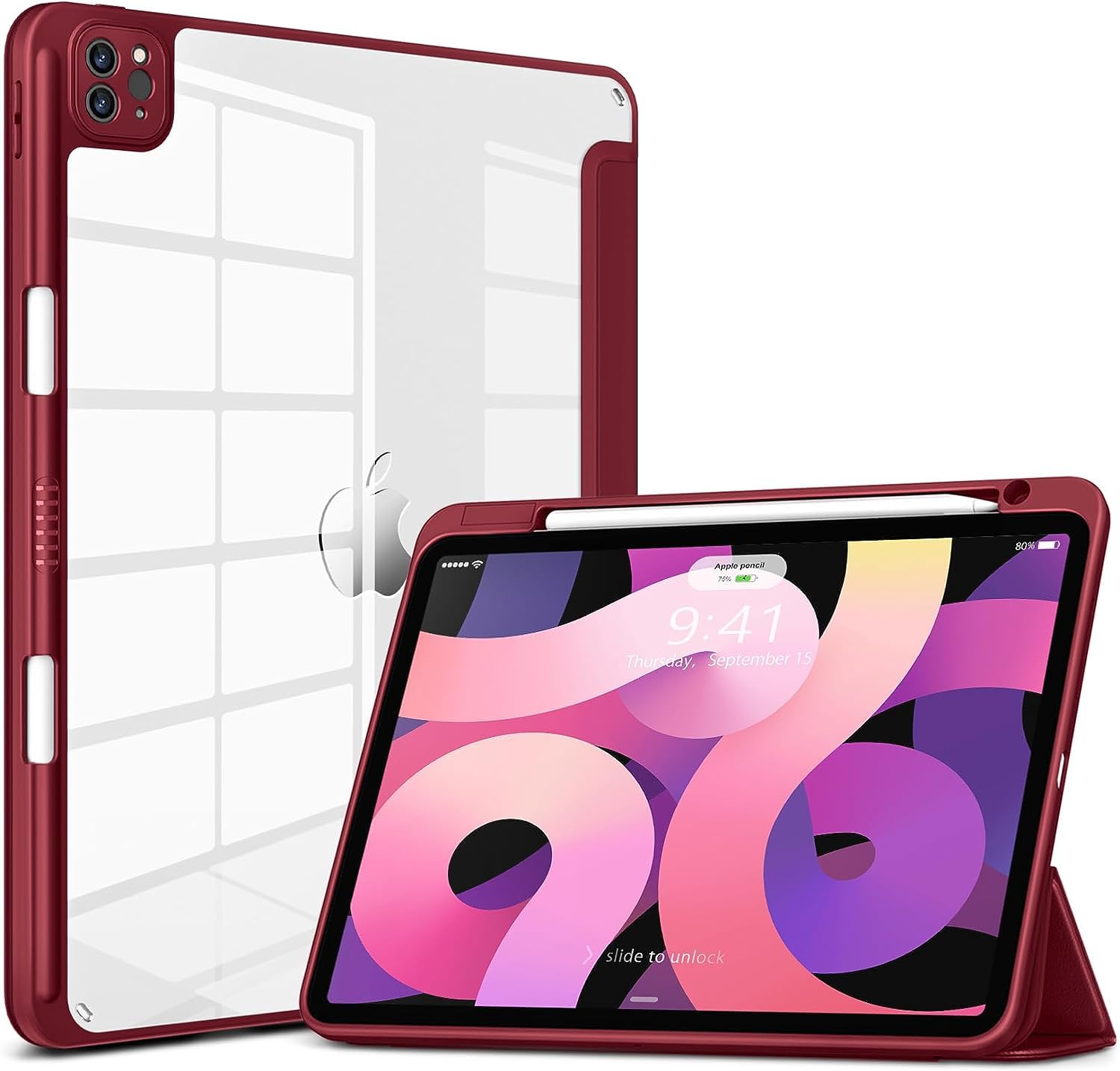 Printme for iPad Pro 11 Inch Case, iPad Air 5th / 4th Generation 10.9 Inch (2022/2020) Case Transparent Shockproof Back Cover Built-in Pencil Holder, Auto Sleep/Wake, Camera Protection (Maroon) (B0CG6WY1YB) Amazon Price History, Amazon Price Tracker