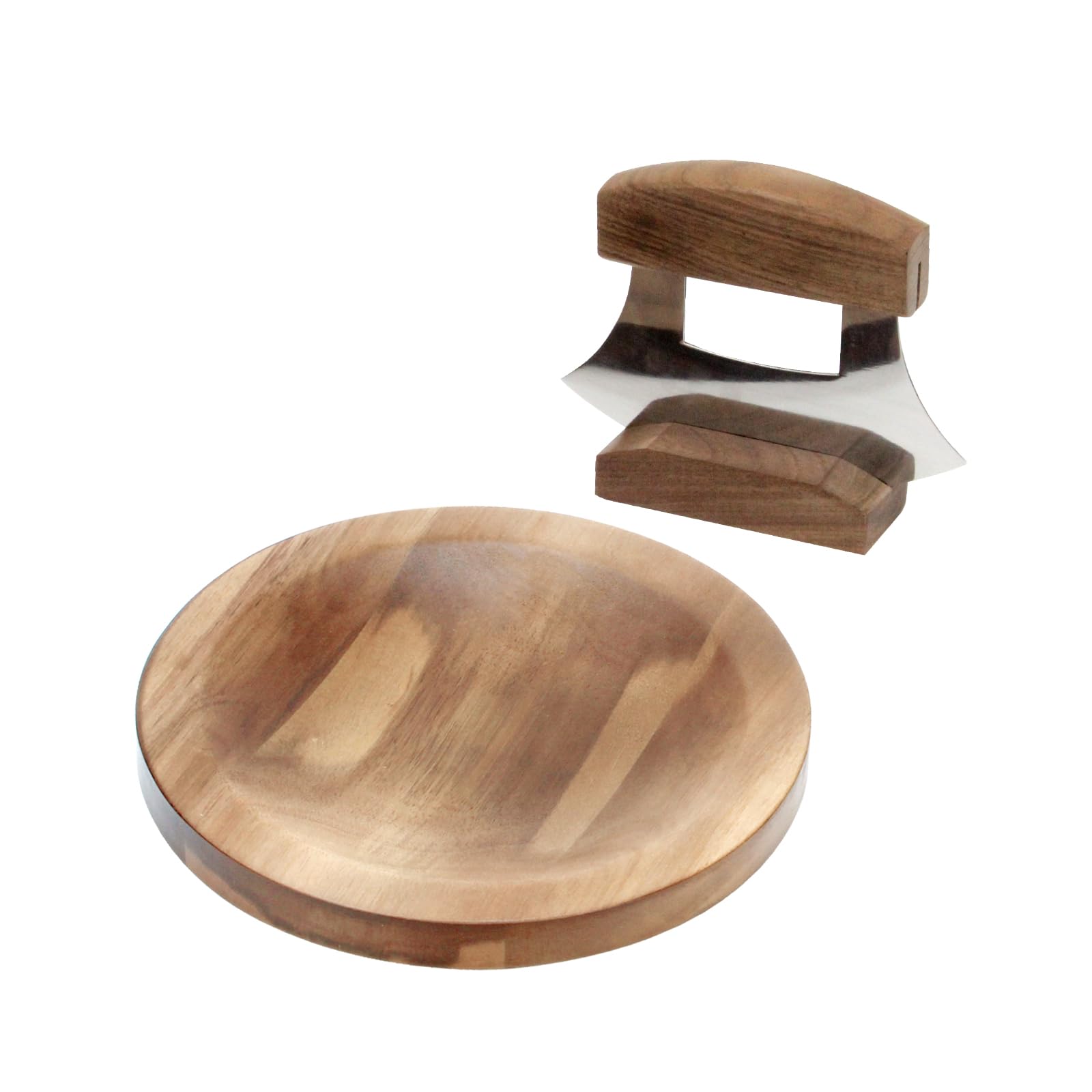 KVMORZE 3 Pcs Mezzaluna Ulu Knife and Cutting Board Set, Alaska Pizza Cutter Rocker Chopper Slicer Knife Mezzaluna Knife with Base, Chopper Knife Kit with Wood Knife Storage Stand and Chopping Board