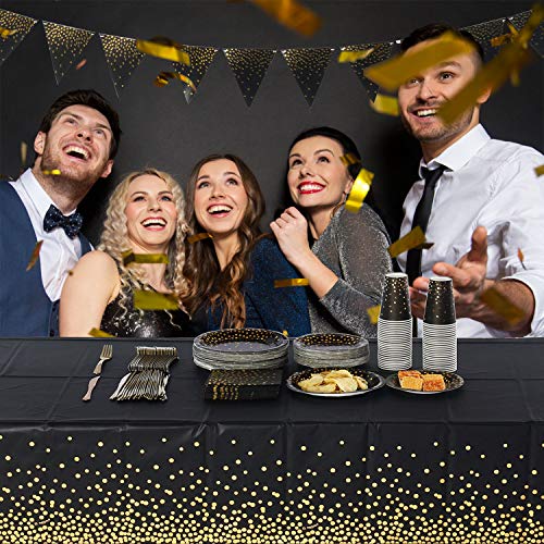 Duocute Black And Gold Party Supplies 150Pcs Golden Dot Paper Party Dinnerware Includes Paper Plates, Napkins, Knives, Forks, 12Oz Cups, Banner, For Graduation, Birthday, Cocktail Party, Serves 25 #TOP5