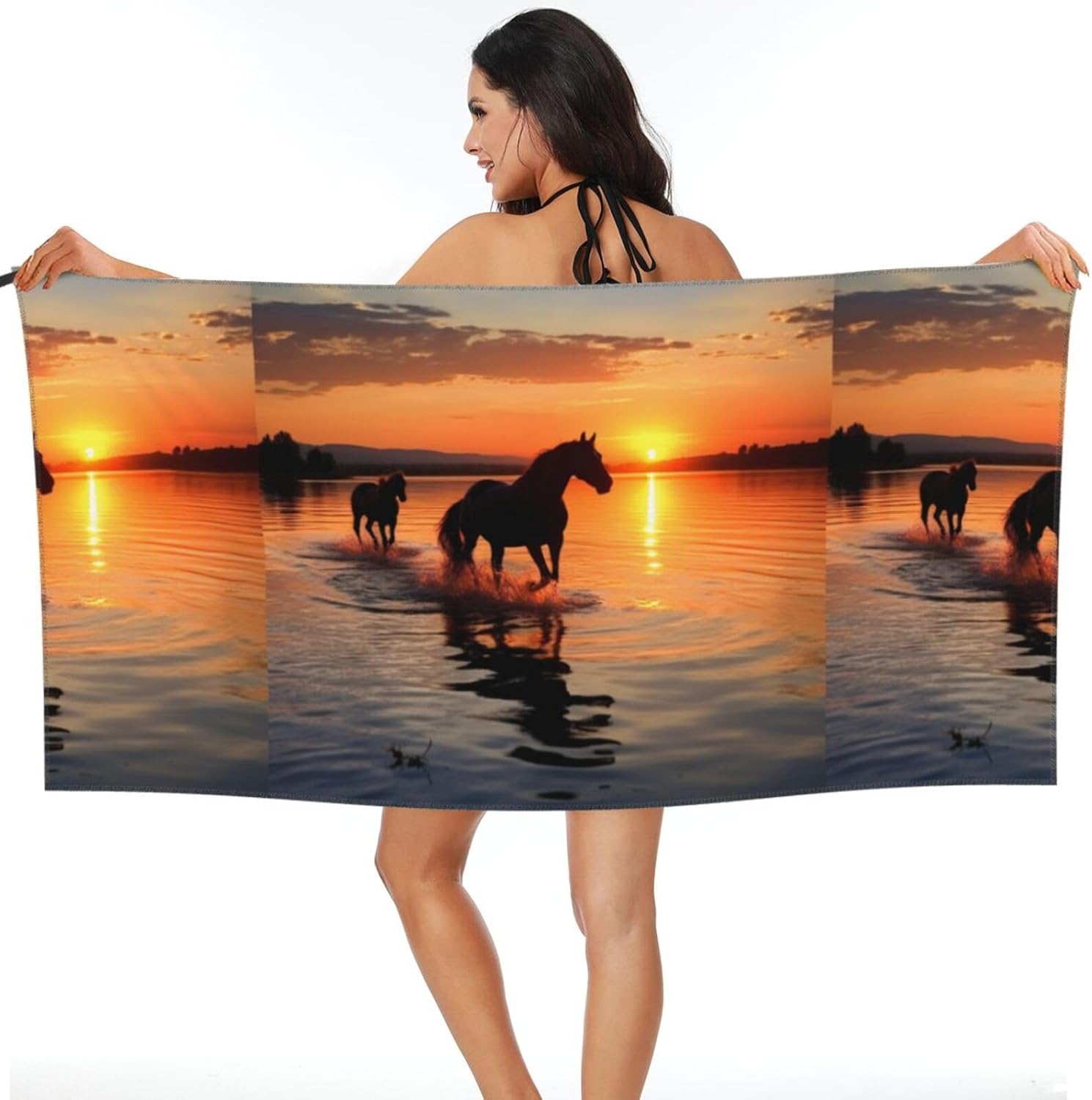 Sunsets Lake Horses Printed Microfiber Travel Towel,Camping Towel,Quick Dry,Soft Lightweight for Gym,Hiking,Yoga,Backpacking