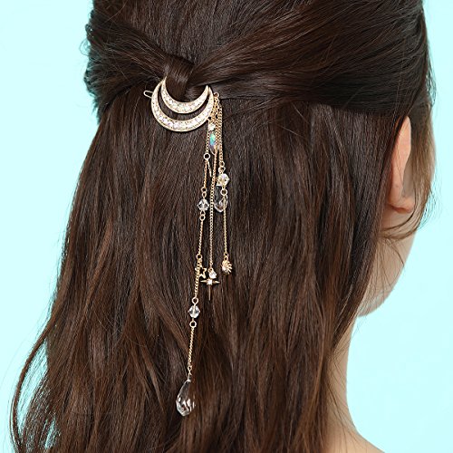CHIMERA Metal Hair Clips Elegant Gold Moon with Crystal Tassels Alloy Side Clips Ladies Hairpin for Wedding Party and Daily Life