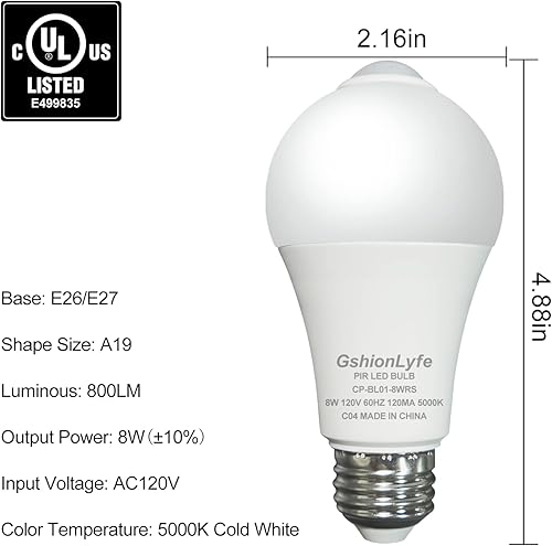 Miniatura 6 de GshionLyfe Bombillas con sensor de movimiento de atardecer a amanecer de 8 W 800 lm equivalente a 60 W 5000 K blanco frío A19 E26E27 UL listado