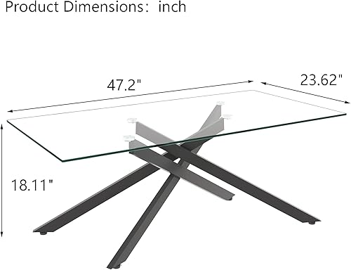 Miniatura 2 de Henf Mesa de centro rectangular moderna de vidrio transparente de 47 pulgadas, mesa de centro rectangular de vidrio templado para sala de estar,