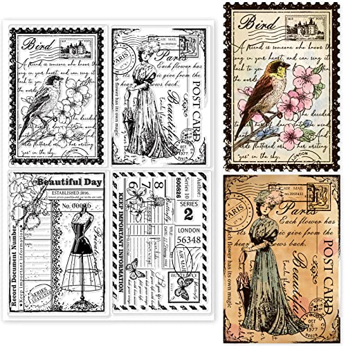 GLOBLELAND Vintage Ticket Postkarte Klare Stempel Für Kartenherstellung Dekoratives Schmetterlingskleid Dame Transparente Silikonstempel Für DIY Scrapbooking Zubehör Prägung Papier Karte Album