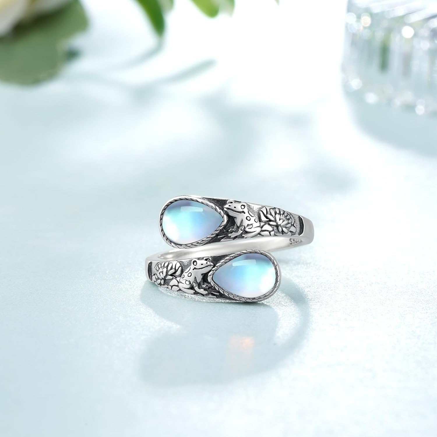 Sterling Silver Frog Spoon Ring with Moonstone - Open Band Frog Jewelry Gift for Women