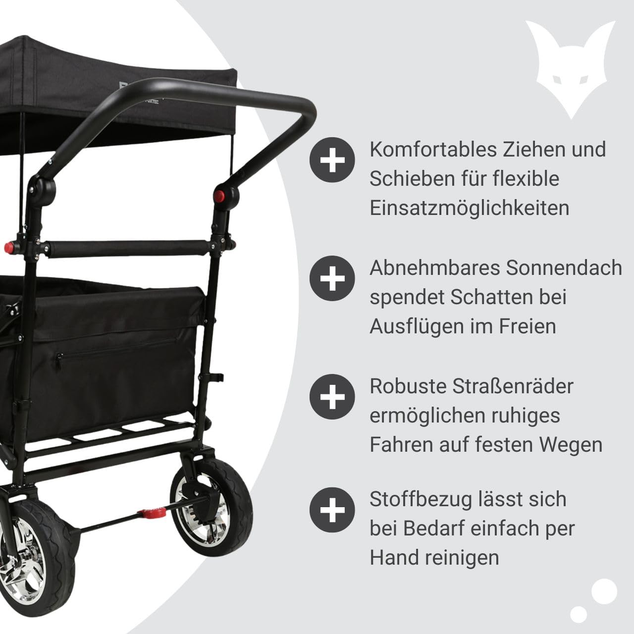 Bollerwagen faltbar FX-CT700 Schwarz • klappbarer Handwagen für Ausflug & Alltag • gepolsterter Sitzbereich • Bremsen • höhenverstellbarer Griff • platzsparender Faltbollerwagen