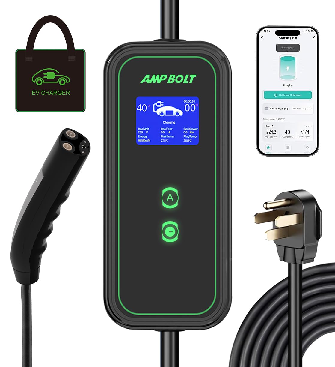 Level 1&2 Portable EV Charger,16A 110-240V NEMA 6-20&NEMA 5-15 Plug,Electronic Car Charger with LCD Screen for Home,Compatible with Model 3/Y/X/S/Cybertruck