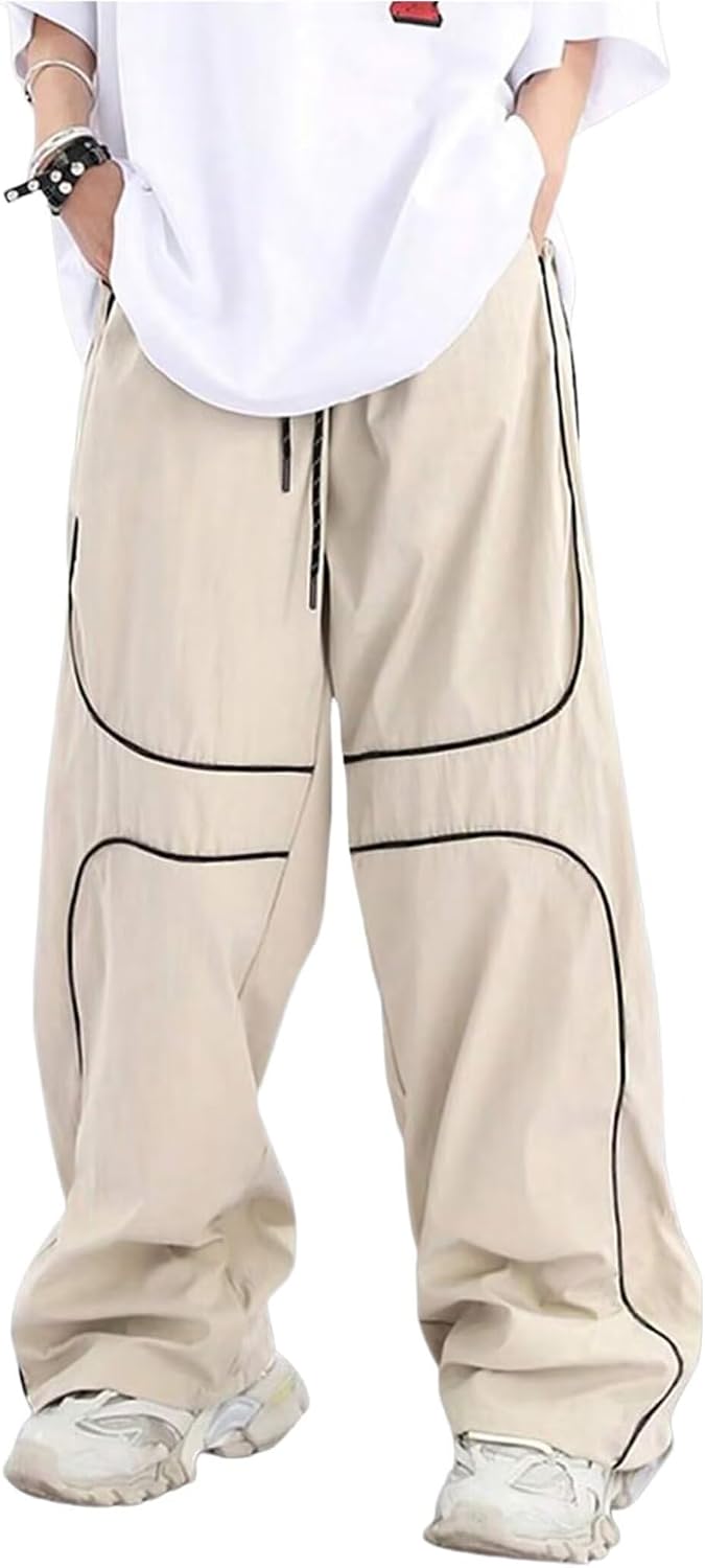 FCOOLYEET Men Track Pants Y2k Drawstring Lightweight Sweatpants Wide Leg Cool Parachute Pants Streetwear