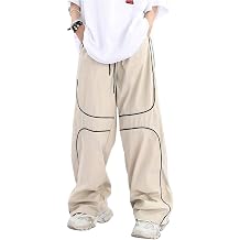FCOOLYEET Men Track Pants Y2k Drawstring Lightweight Sweatpants Wide Leg Cool Parachute Pants Streetwear