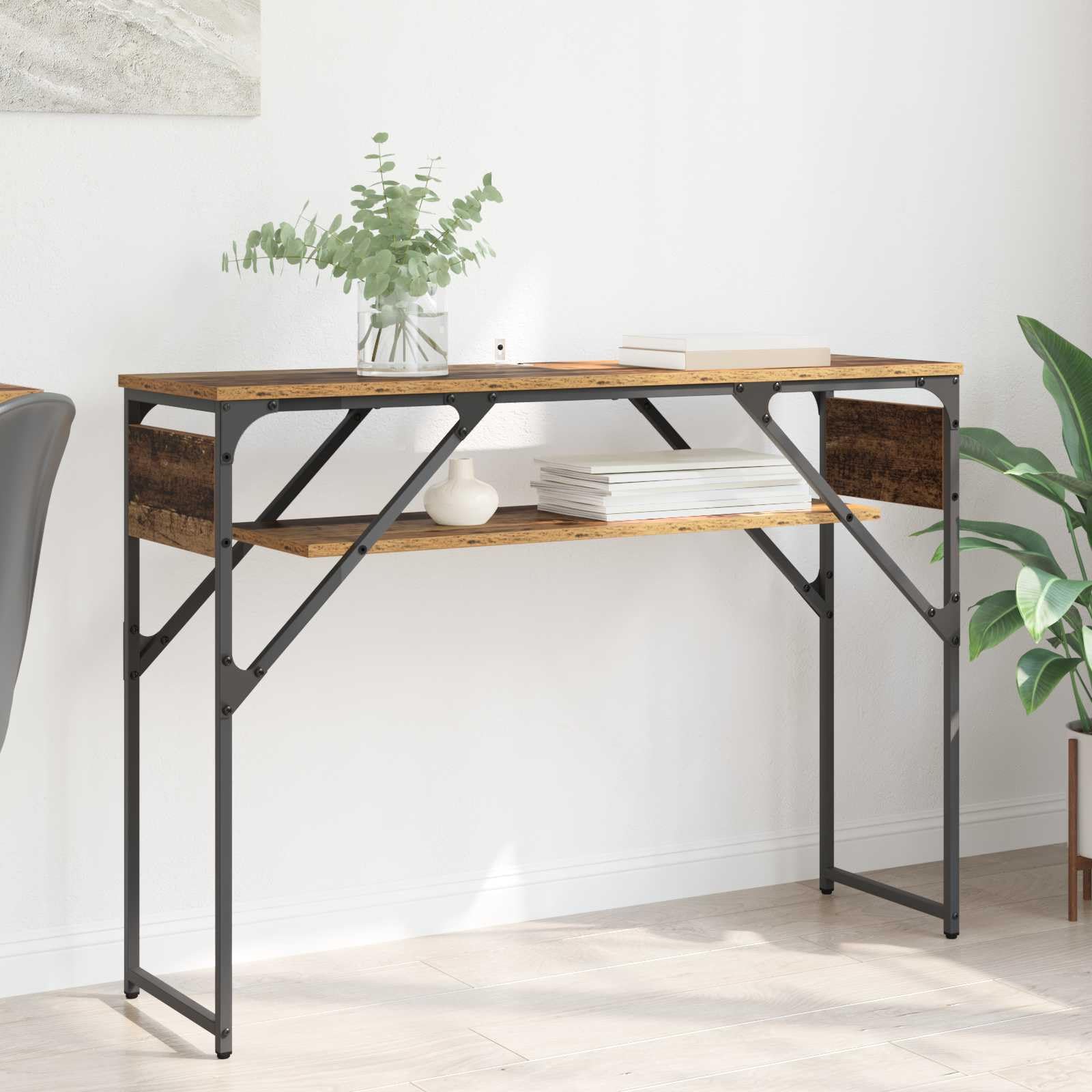 Mesa consola de madera vieja 105x30x75 cm con dos estantes y estructura de metal negro para salon