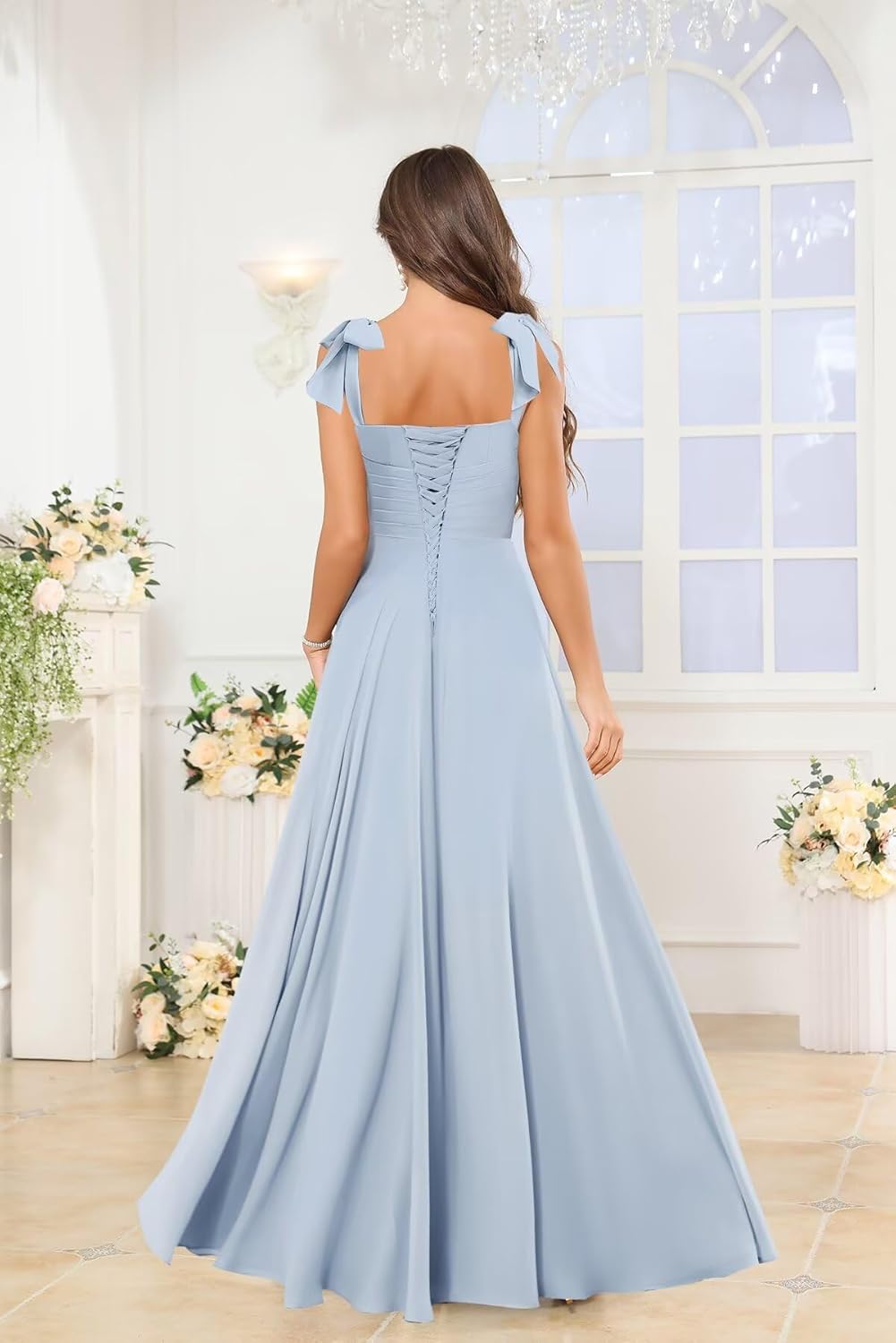 GUKARLEED Women’s Long Bridesmaid Dresses Wrap Ruffles Chiffon Scoop Neck Slit A-line Wedding Guest Formal Dress with Pockets - Image 4