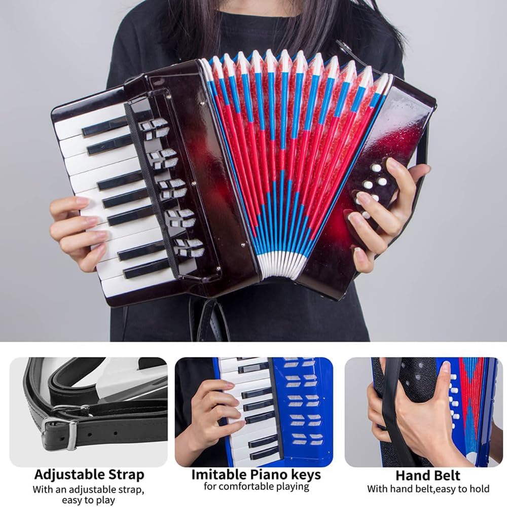Accordeon Enfant，Accordeon，Accordéon Piano 17 Touches 8 Basses Instrument de Musique Avec Sangle en Cuir Rétractable，Convient aux Débutants, Aux Adultes Ou Aux Étudiants Instruments Éducatifs, Cadeaux