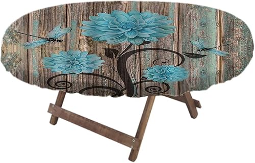 Miniatura 2 de Mantel ajustable ovalado de madera rústica, flor de dalia, libélula floral antigua puerta de garaje, decoración de granja nativa americana, para