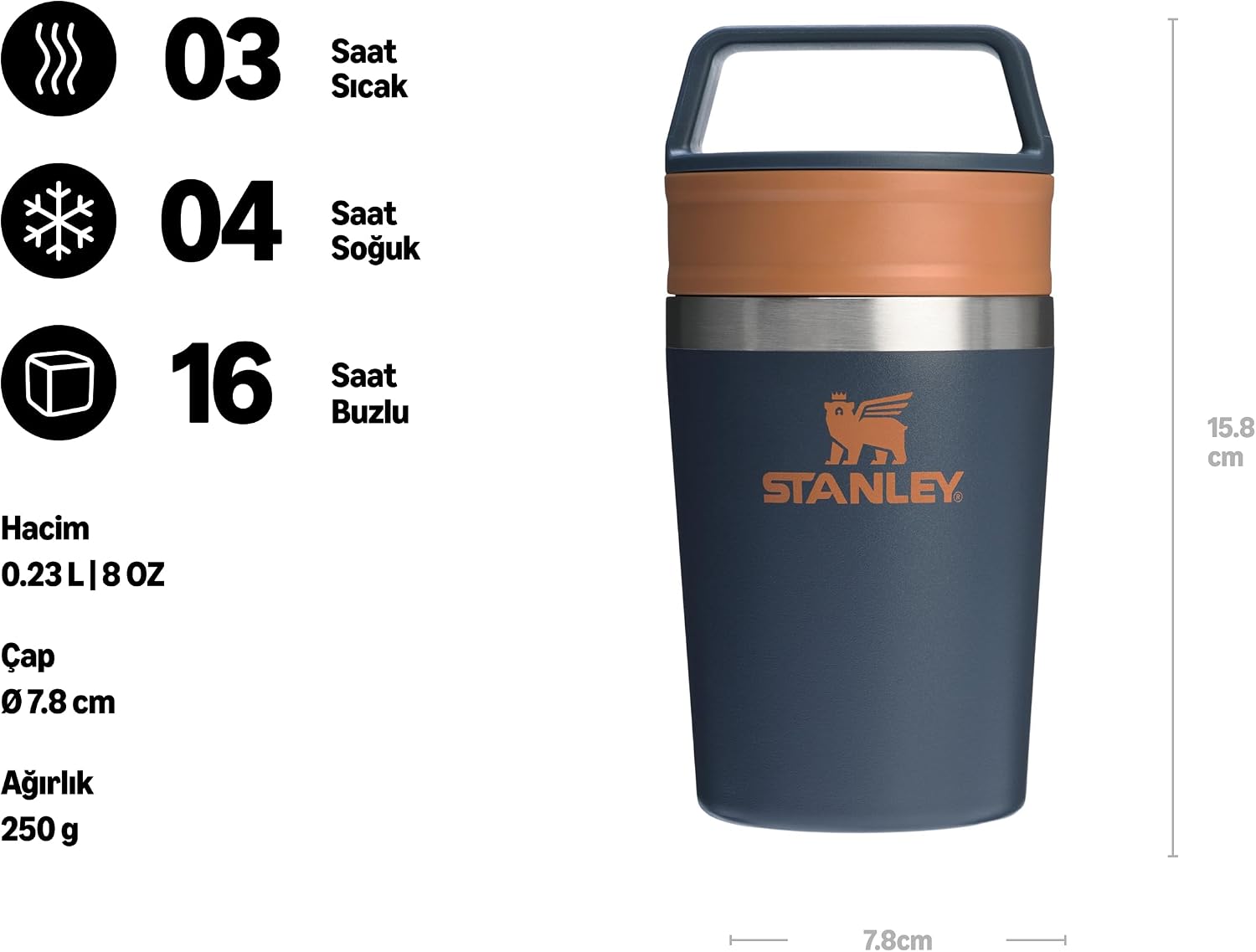 Stanley Cafe To-Go Travel Mug Termos Bardak, Lacivert (Twilight), 0.23 Litre