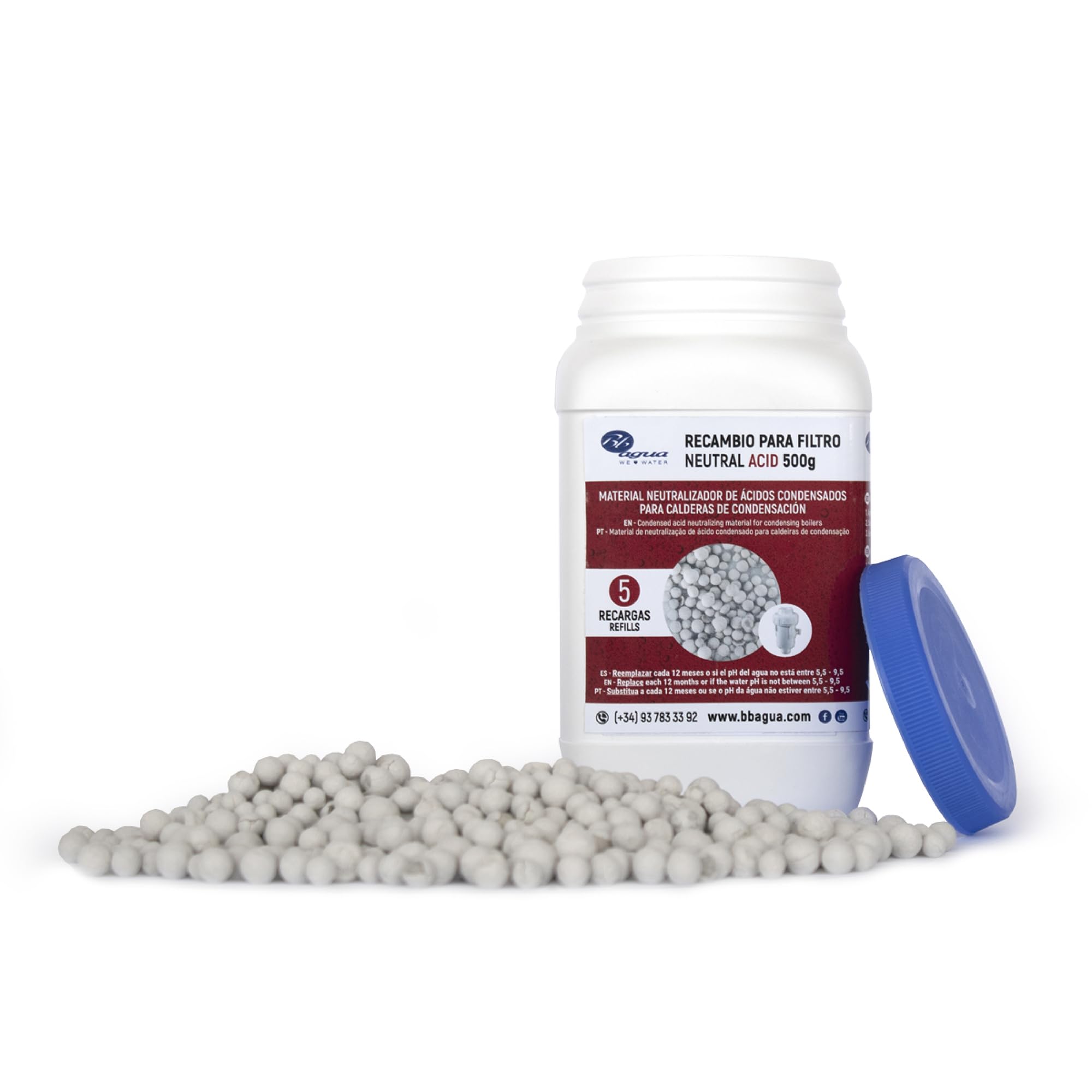 Material Neutralizador de Ácido Condensados para Caldera de Condensación. Recambio para Filtro Neutral Acid de la marca Bbagua. Envase de 500 Gramos. Bbagua.