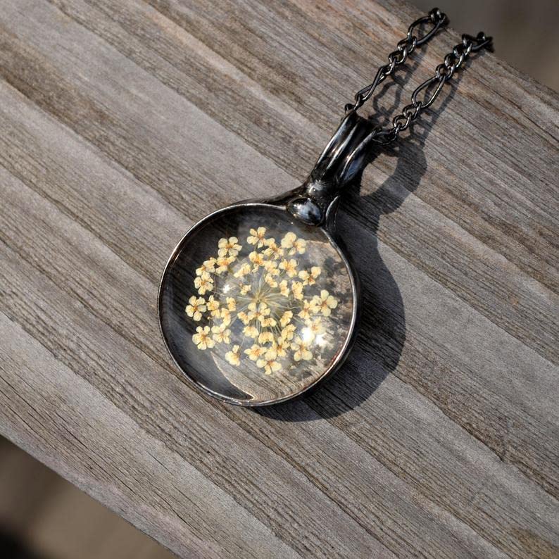 Miniatura 6 de White Wildflower Necklace for Women Real Pressed Flower Queen Anne's Lace Glass Pendant Birthday 13th Wedding Anniversary Gift Artisan Crafted by