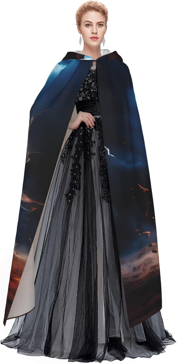 Unisex Full Length Hooded Halloween Christmas Party Robe Cloak Cape Cosplay Costume Men Women Lightning Tennis Prints Black