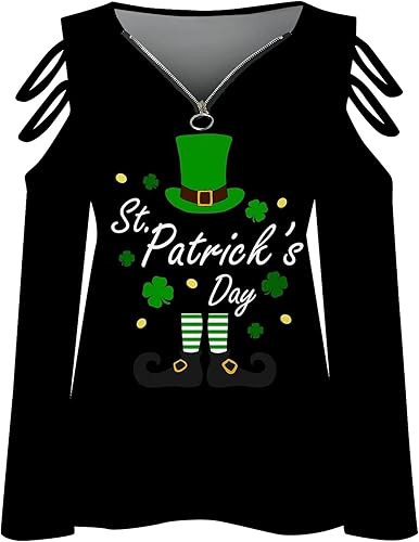 Miniatura 3 de CHEEKEY Camisetas del día de San Patricio para mujer manga larga trébol hombros descubiertos cremallera cuello en V festivales irlandeses color verde