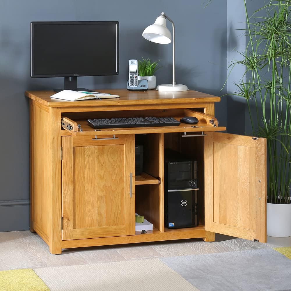 London Oak Hideaway Desk, Modern Home Office Desk with Keyboard Slide & Printer Shelf, Solid Oak Construction, No Assembly, Natural Oak Finish - H 780mm x W 900mm x D 550mm