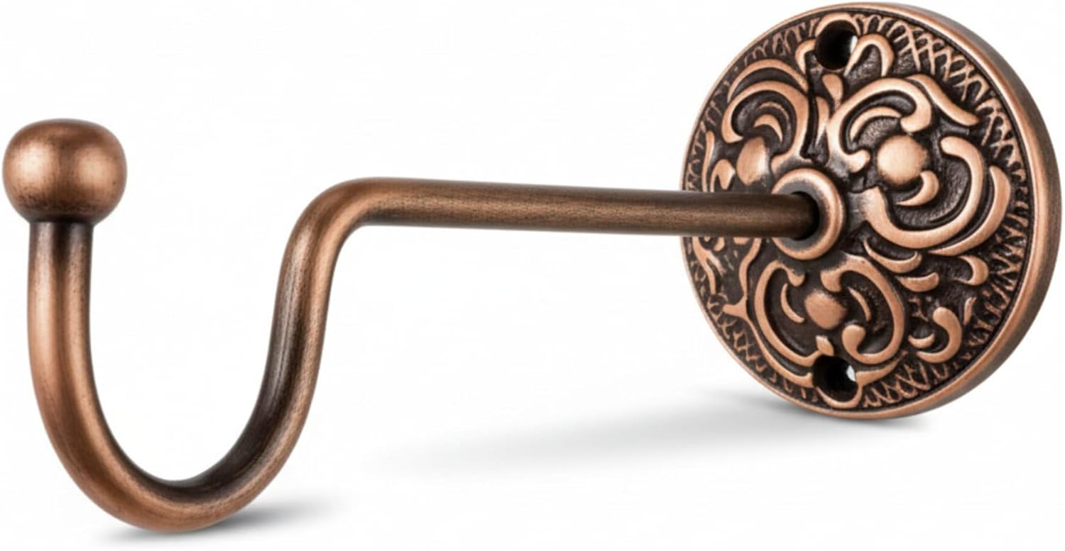 Solid Brass Wall Hook with Ornate Rosette, 7.1" Decorative Garden Hook for Hanging Plants, Lanterns & Bird Feeders, Heavy Duty Hook for Baskets, Wind Chimes & Outdoor Decor (Antique Copper)