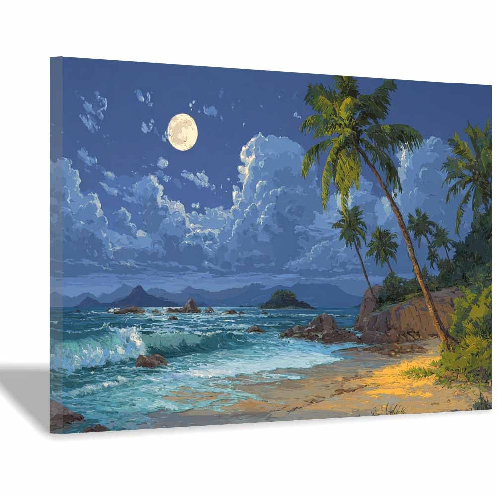 HOQIU Beautiful wall art Moonlit Tropical Beaches canvas artwork for wall, art prints, For living room, bedroom, bathroom, dining room, painting and decor.(Multicolor)-30x40cm Framed
