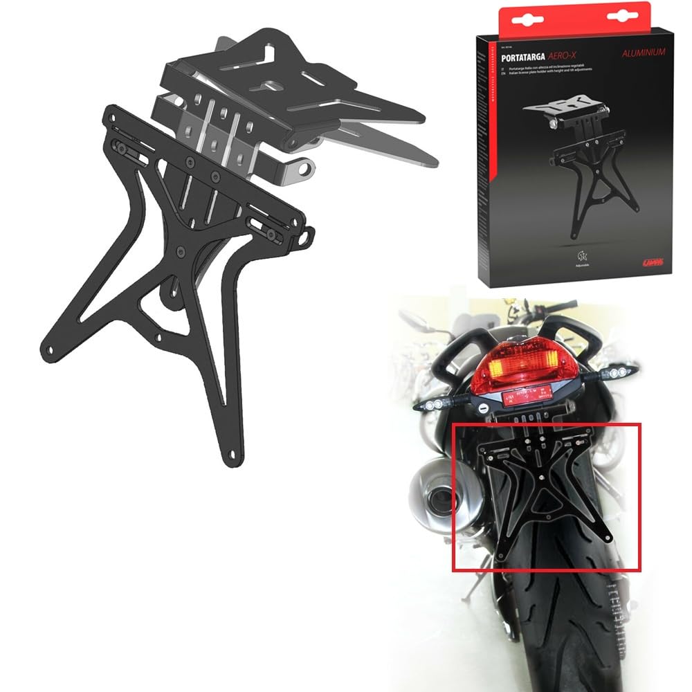 COMPATIBILE CON DUCATI MONSTER 696 PORTATARGA PER MOTO REGOLABILE UNIVERSALE + LUCE TARGA A 4 LED BIANCO TUTTO OMOLOGATO LAMPA NERO OFFERTA KIT MOTO SPORTIVO