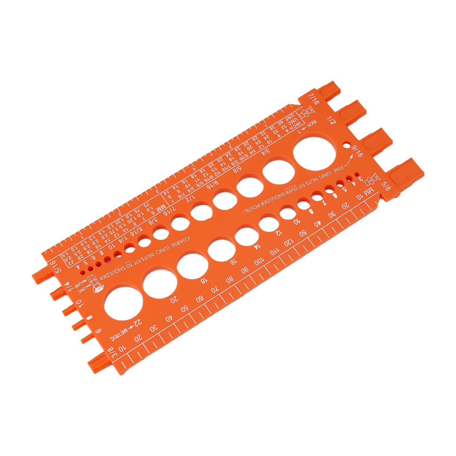 Mesure métrique et fixations | Boulon, vis, écrou, jauge de foret | Filetage avec diamètre, pas, longueur | Plastique, 21 cm pour orange