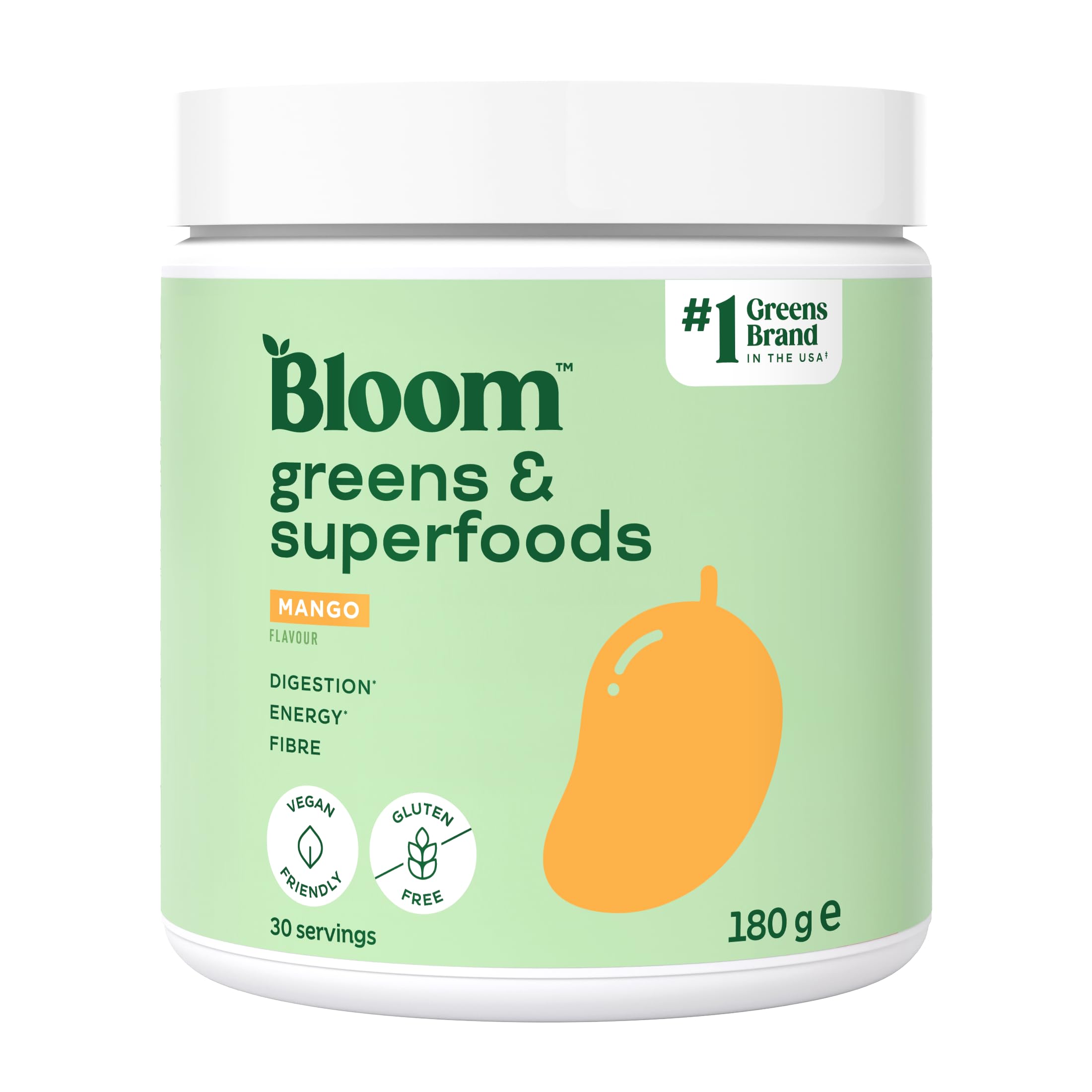 Bloom Super Greens Pulver Mango (30 Portionen) mit Probiotika, Verdauungsenzymen, Spirulina & Chlorella, zuckerfrei