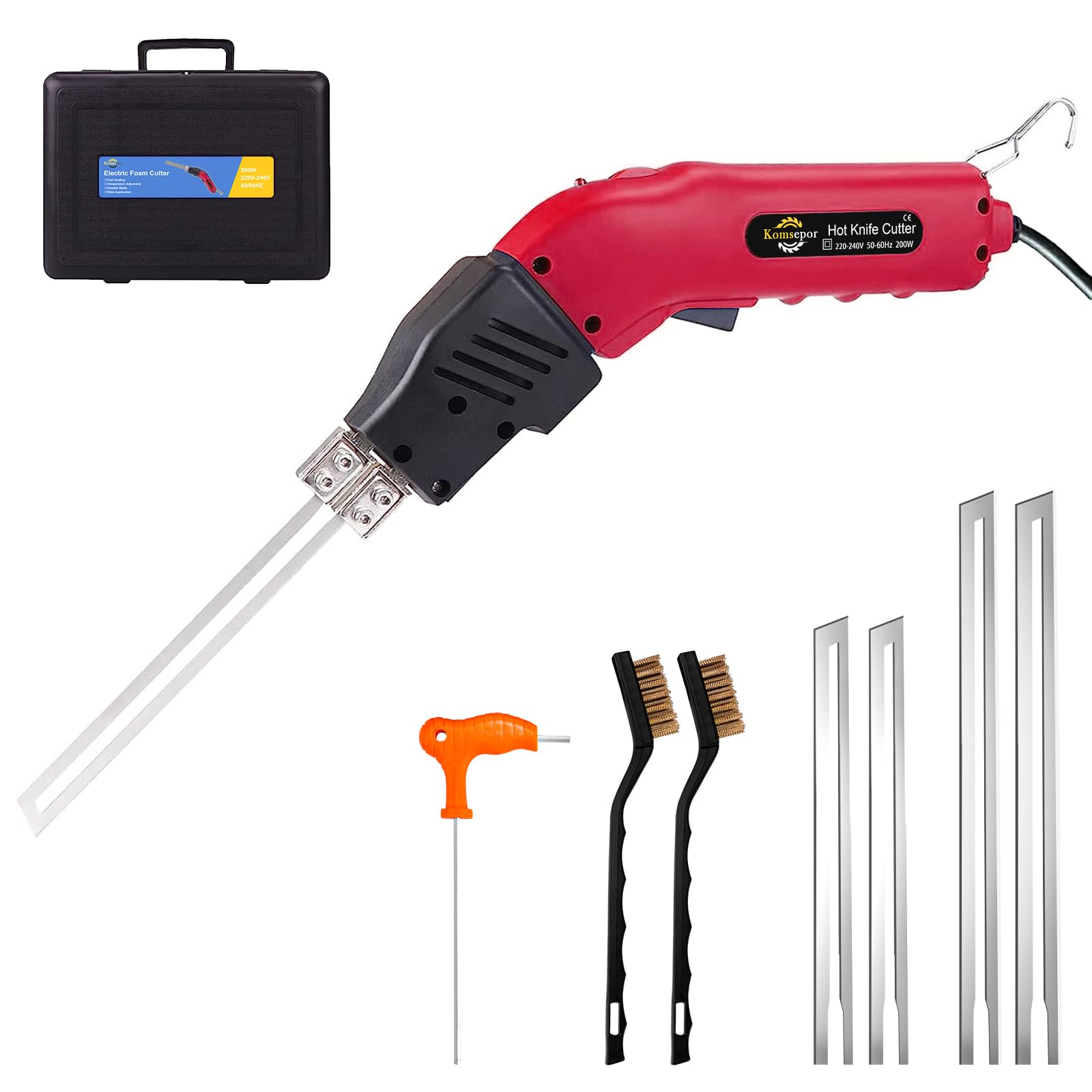 Komsepor 200W Taglierina Elettrica a Caldo per Schiuma con 4 Lame al Nichel-Cromo 0-600℃ 220-240V con Sistema di Raffreddamento per Polistirolo (Raffreddamento ad Aria Rosso 200W)