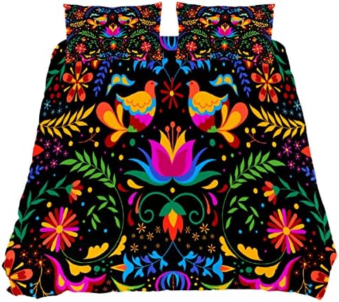 Bedding Mexican Floral Birds Duvet Cover Set ,Soft Comforter Cover Design 3 Piece Bed Set Microfiber Duvet Covers for Home Decor (New Full )