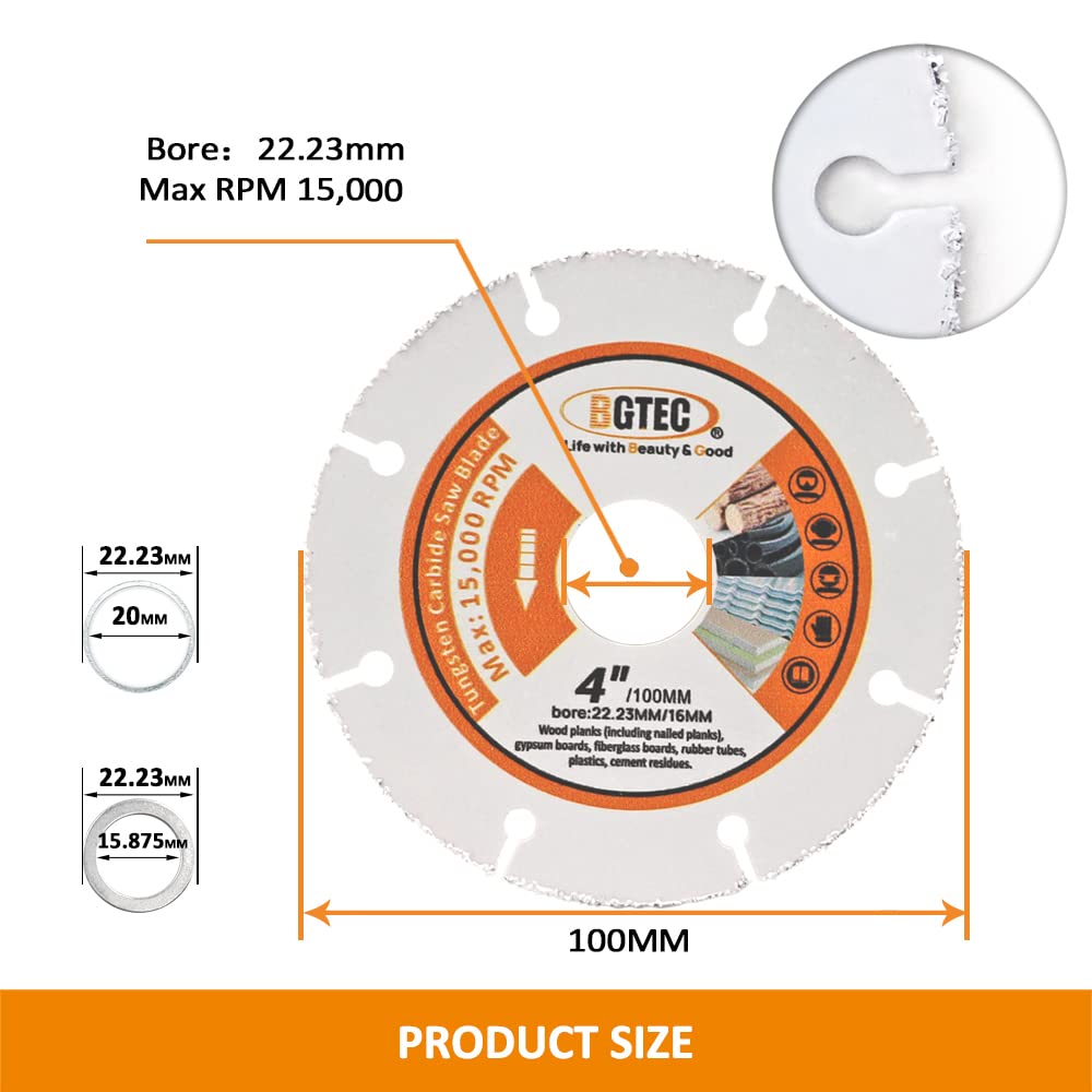 BGTEC Disco de corte de madera de carburo, 10 piezas de 100 mm de carburo soldado al vacío para tablero de madera, tablero de yeso, tubo de goma, plástico
