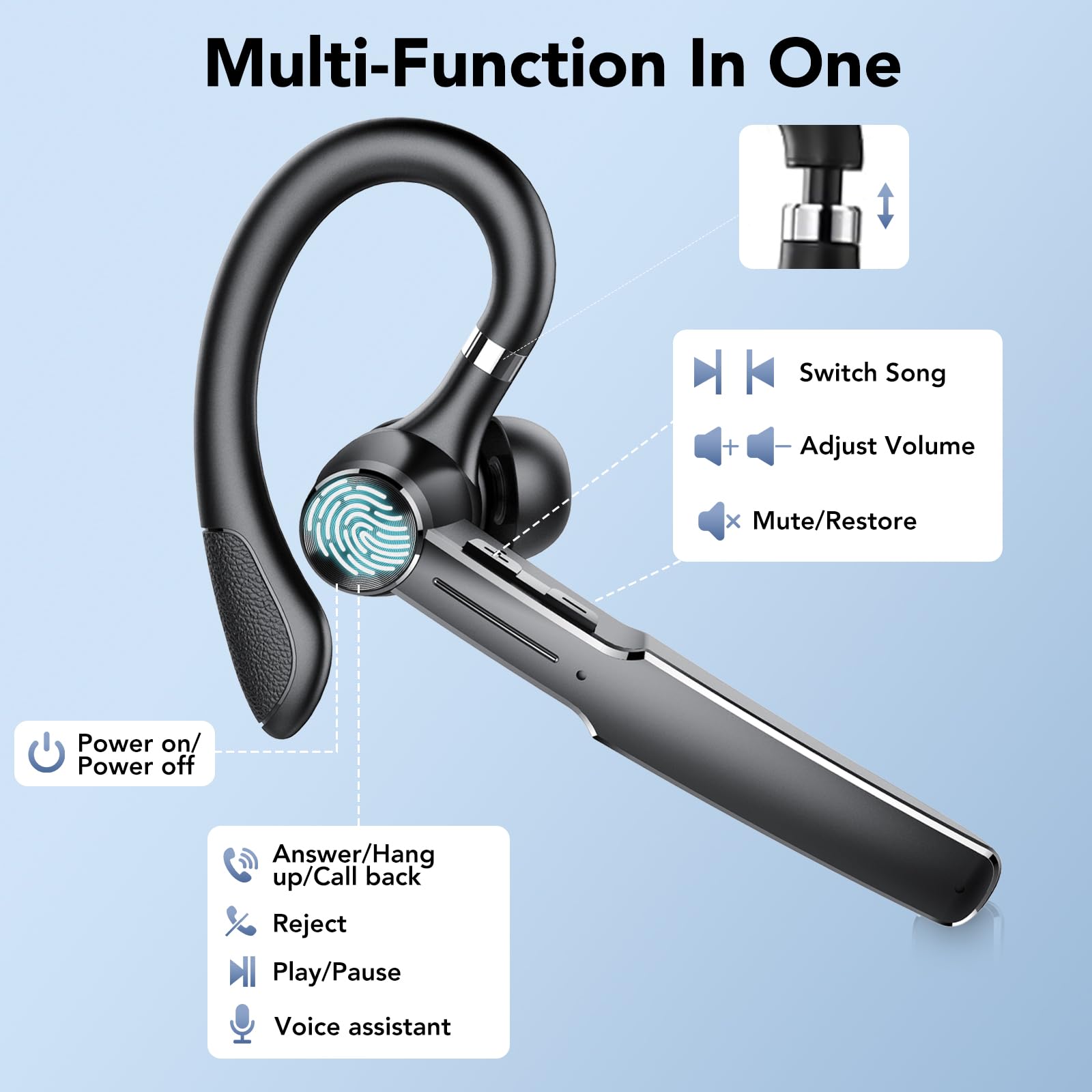 Auricolari Bluetooth V5.3, Auricolare Bluetooth Singolo con HD CVC8.0, Auricolare con 110 Ore, 4 Mics Cuffie Bluetooth Singolo con Funzione di Riduzione del Rumore, IPX7 Impermeabile/Guida/Lavoro/Nero