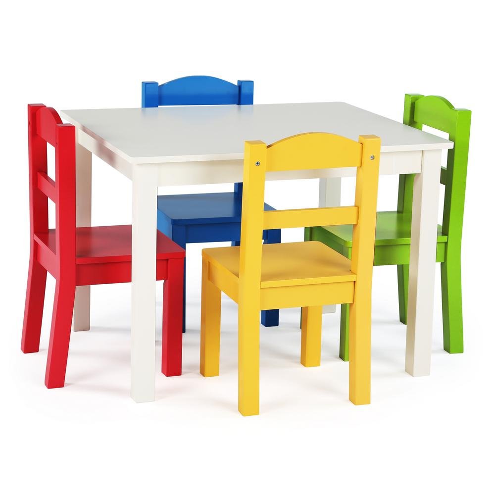 Humble Crew Kids Wooden Table and 4 Chairs Set, White/Primary - Kids Table and Chair Set for Toddlers and Children for Arts, Crafts, and Snack Time -