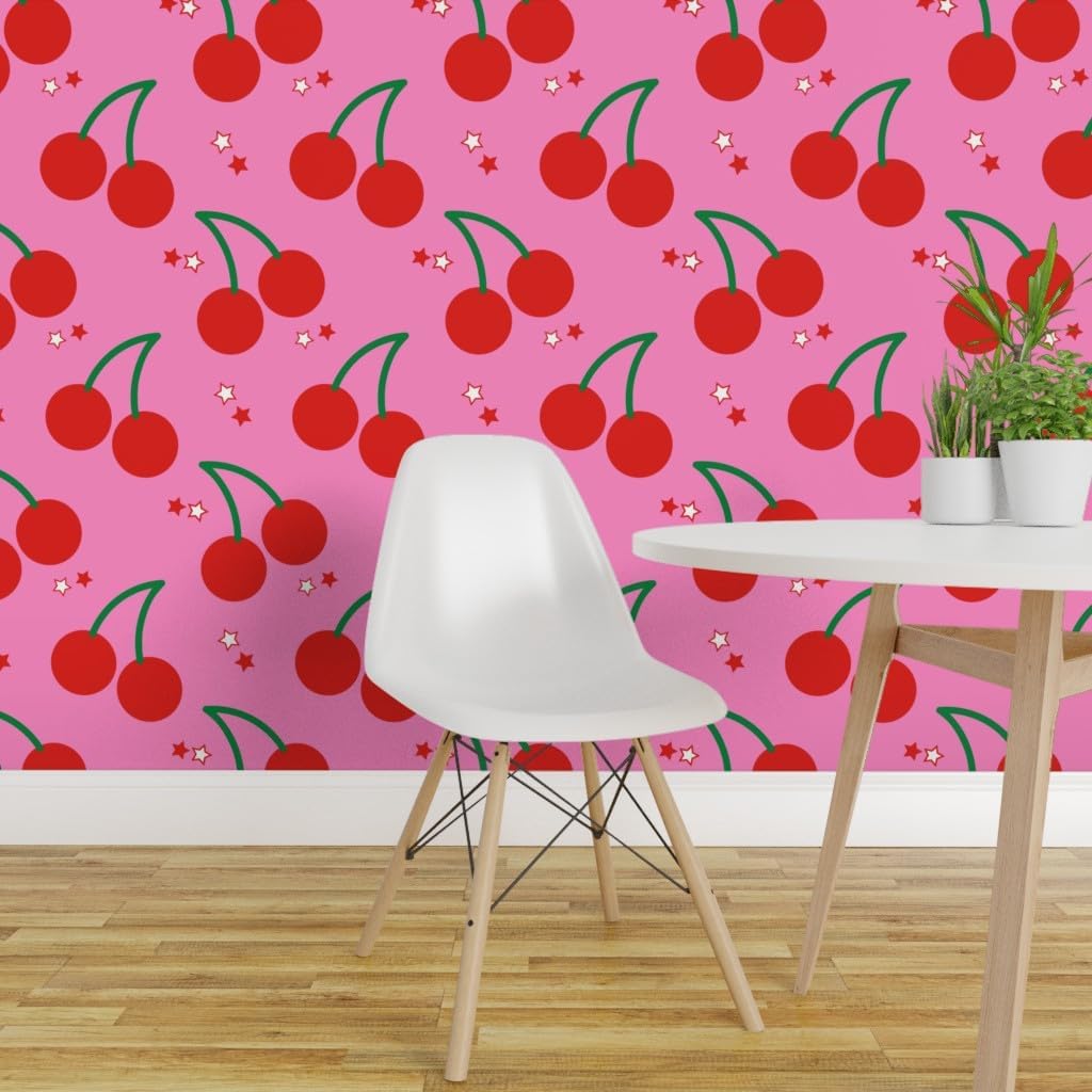 Removable Wallpaper 3ft x 2ft - Cherry Pink Stars Fruit Kitchen White Green Rockabilly Food Chef Custom Pre-Pasted Wallpaper by Spoonflower