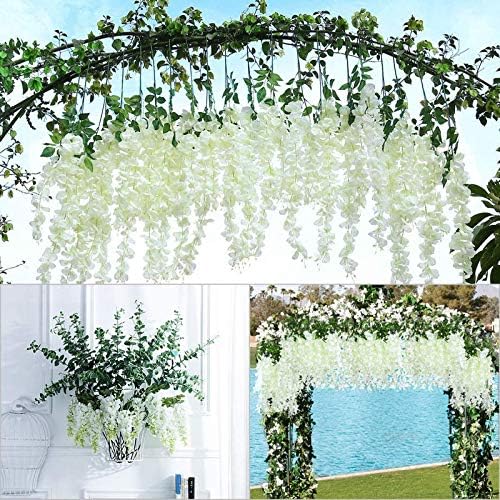 Image of 6 Pcs Artificial Polyester Hanging Flower Wisteria Vines Fake Flowers Vines for Home Party Wedding Garden Outdoor Greenery Decoration (6, White)