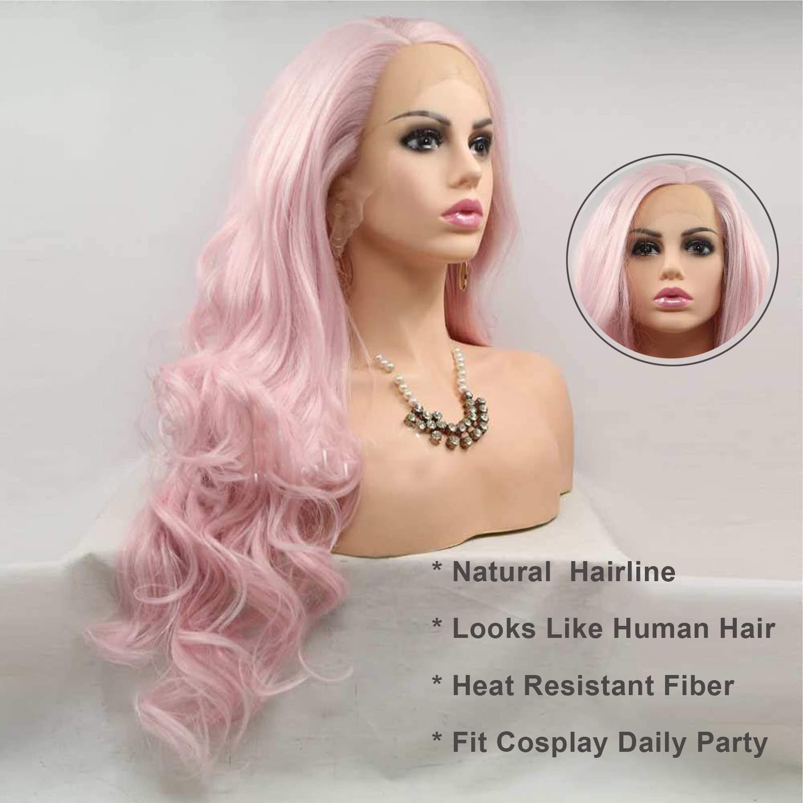 Peach Pink Beauty Lace Front Wig Synthetic Short Wavy Hair Brown Roots Peach Pink Ombré  main image 3