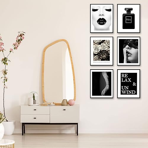 Miniatura 7 de JITUIHOM Juego de 6 impresiones artísticas de pared de moda en blanco y negro, pósteres de decoración retro glamorosa para mujer, perfume, flores,