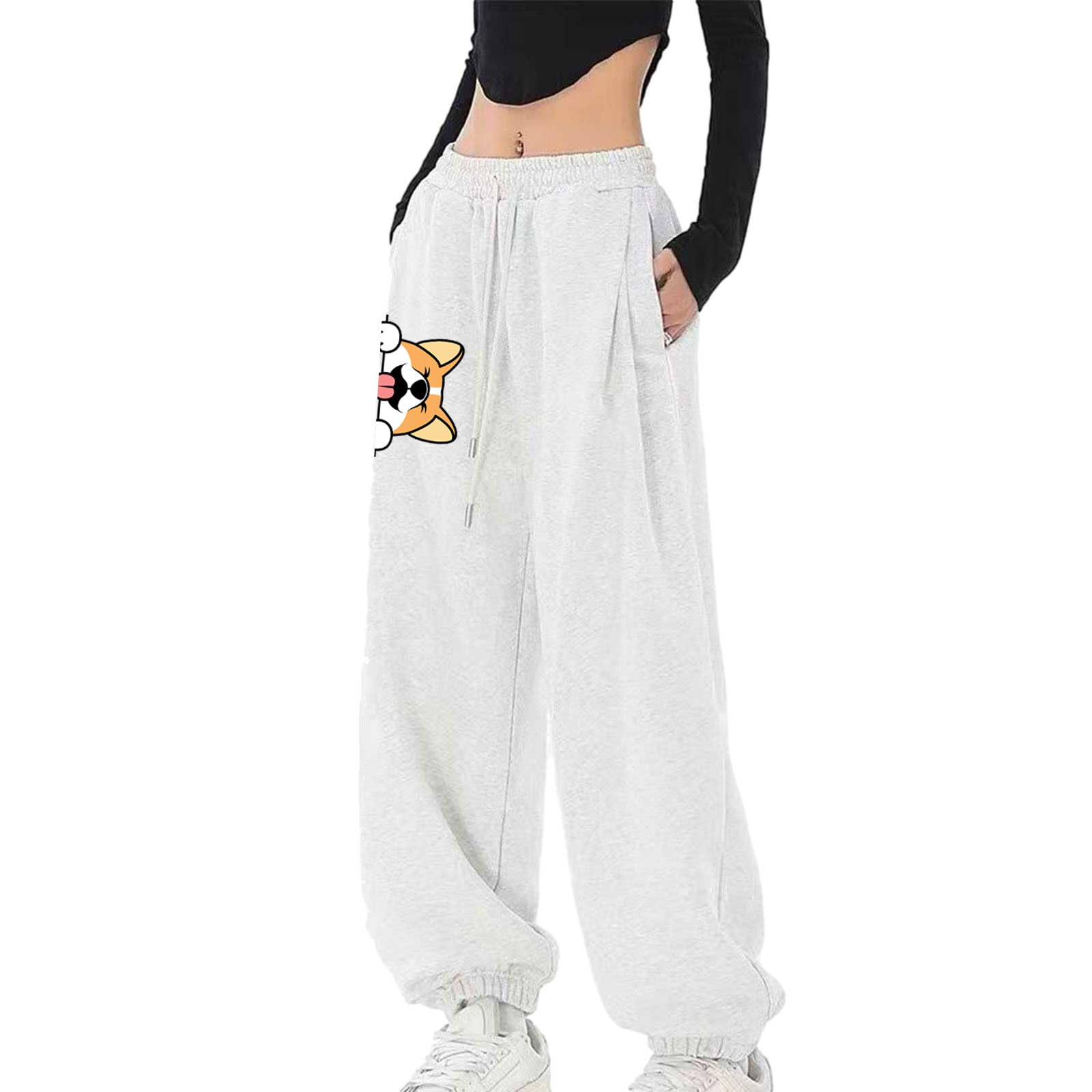 Womens Casual Sweatpants High Waisted Running Pants Dog Graphic Wide Leg Cinch Bottom Joggers Pockets Y2K Clothes White