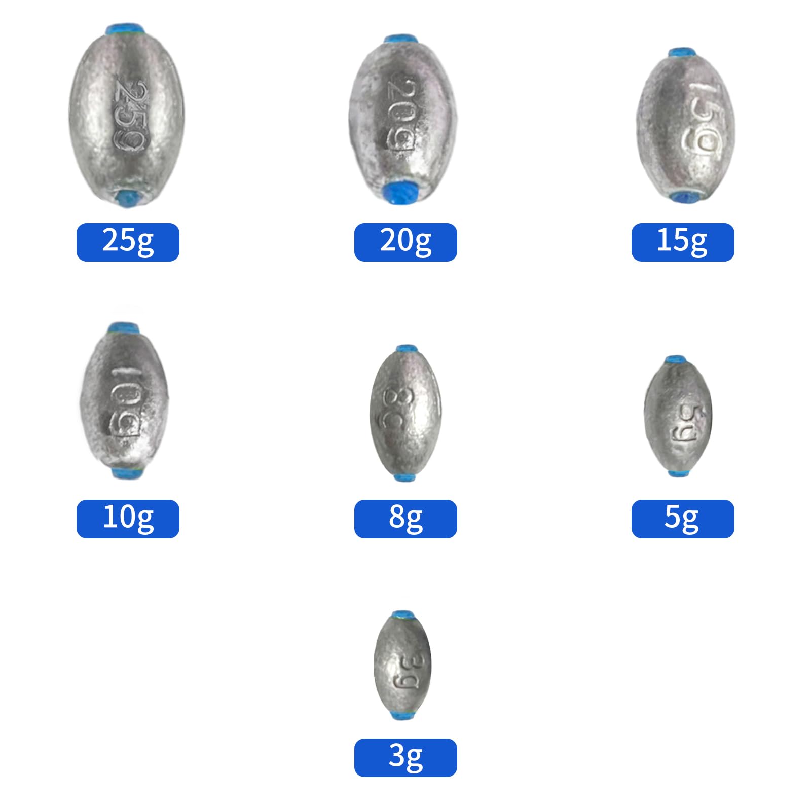 65 Pièces Plomb de Pêche Poids, Plombs Olive de Pêche 3g/ 5g/ 8g/ 10g/ 15g/ 20g/ 25g avec Boîte de Rangement pour la Pêche en Mer, Les Poissons d'eau Profonde et d'eau Douce