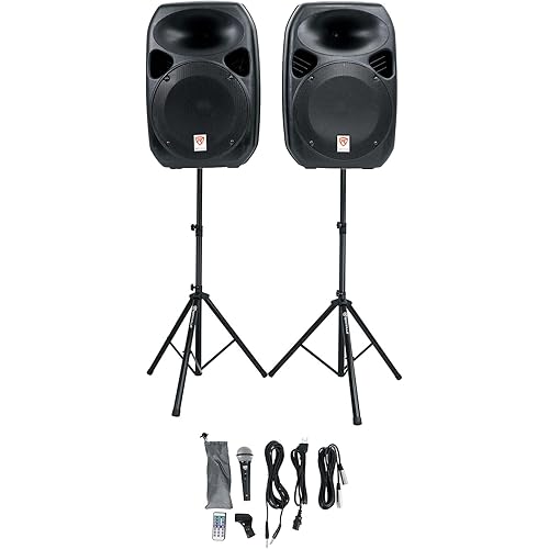 Rockville RPG122K Pair 12" 1000W Powered Speakers, Bluetooth, Wired Mic, Speaker Stands, Cables, Built-in Mixer, TWS Linking, for DJs, Karaoke, Events