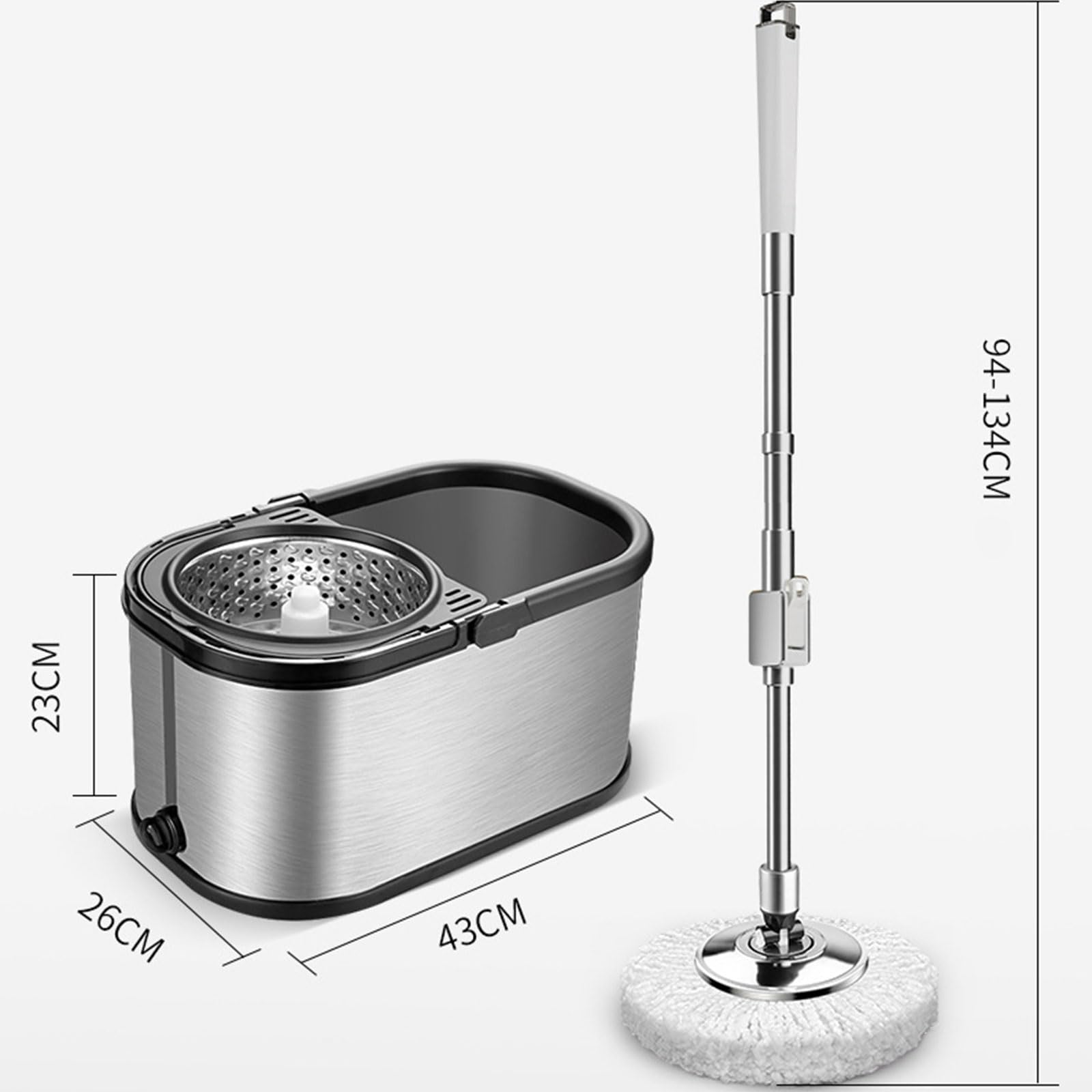 Juego de fregona giratoria y cubo de acero inoxidable con escurridor, fregona giratoria de 360° y cesta interior desmontable para limpieza de suelos con cabezales de repuesto de microfibra