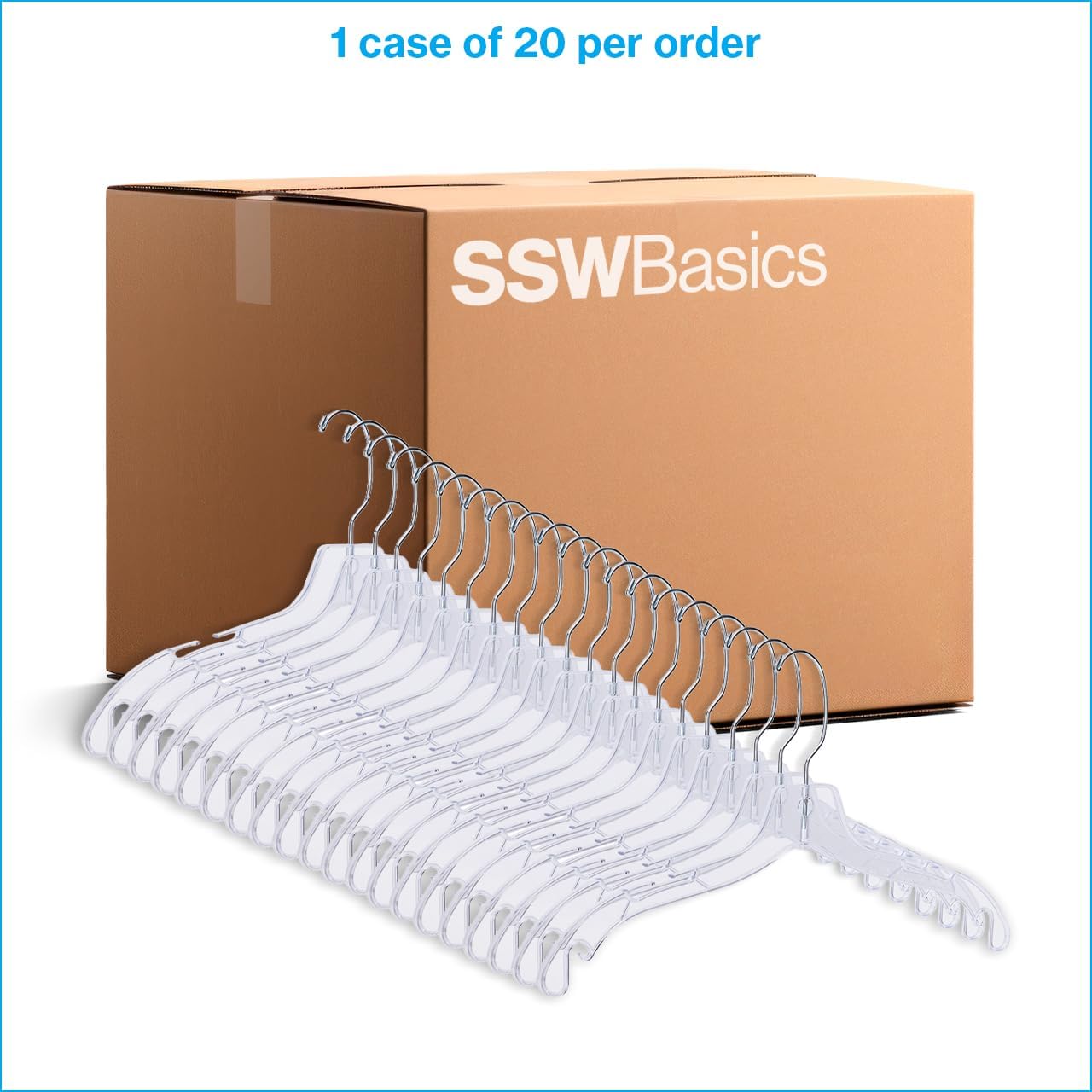 SSWBasics 17 inch Clear Plastic Dress Hangers (Case of 20) - Features a Chrome Swivel Hook and Notched Shoulders - Perfect for Lightweight Fabrics and Can Be Used for Retail Stores