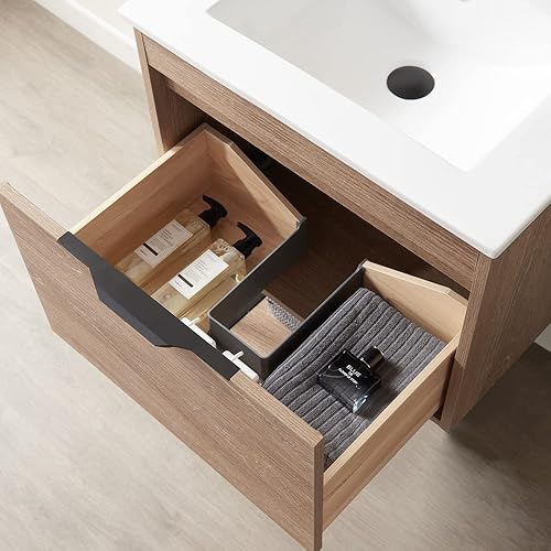 Miniatura 6 de Moderno mueble de baño flotante de 24 pulgadas con fregadero, juego de gabinetes de tocador de baño de PVC para montaje en pared, con un solo cajón