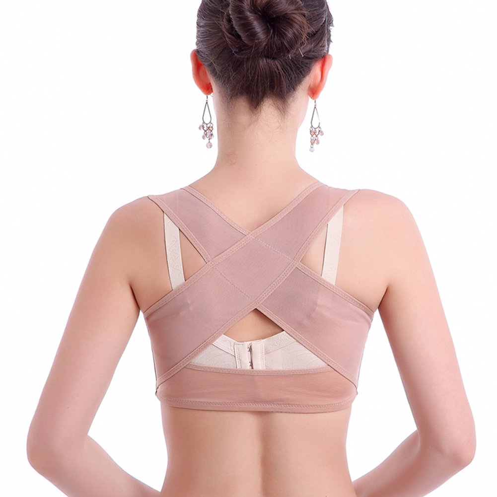 Hustar Adjustable X Strap Vest Back Support Bra Humpback Posture Corrector Corset Bra for Women Girls Nude Size M