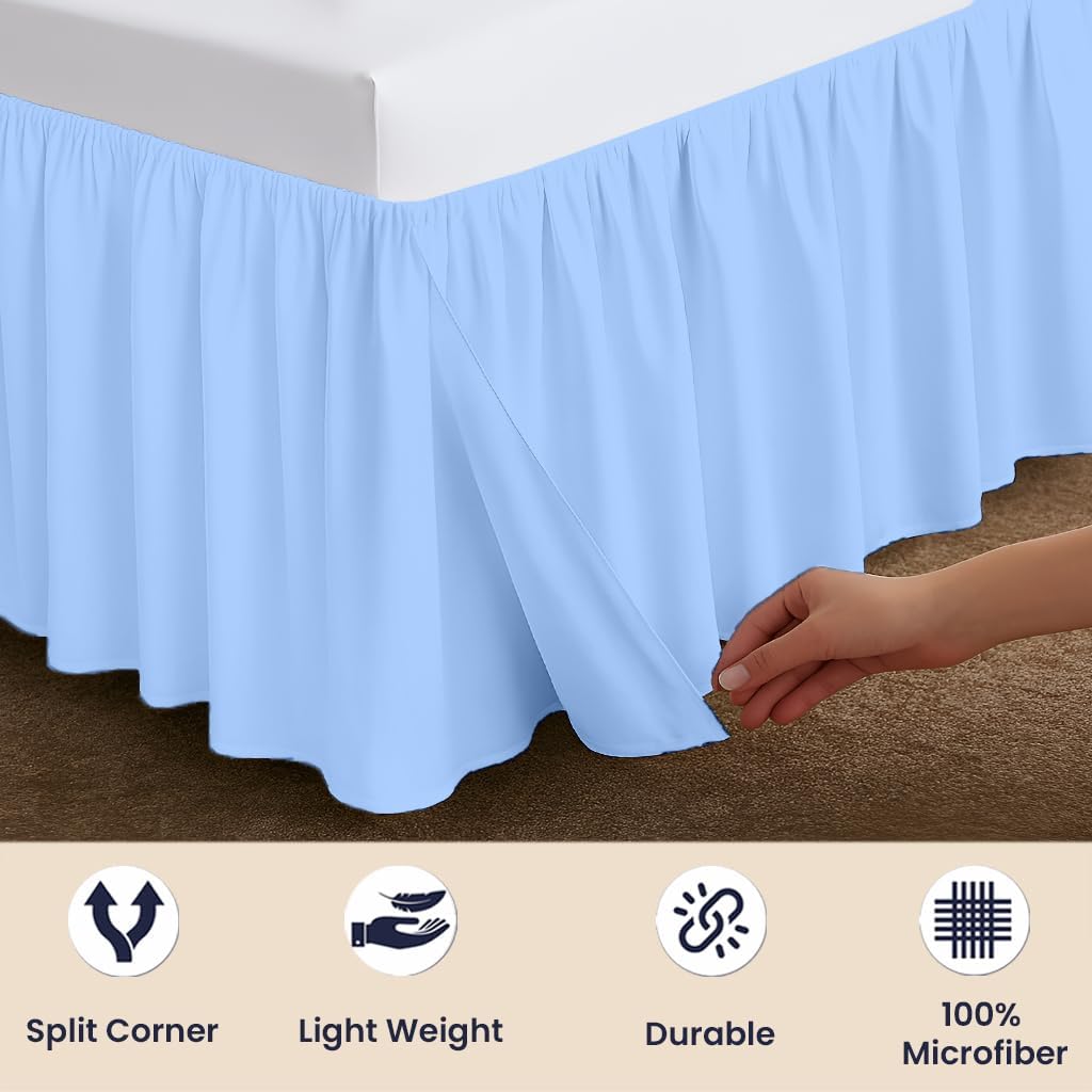 SGI bedding 14 Inch Drop Ruffled Bed Skirt King Size - Classic Gathered Styling, Platform Style Dust Ruffle with Secure Fit, Split Corners, Wrinkle-Resistant Microfiber - Light Blue