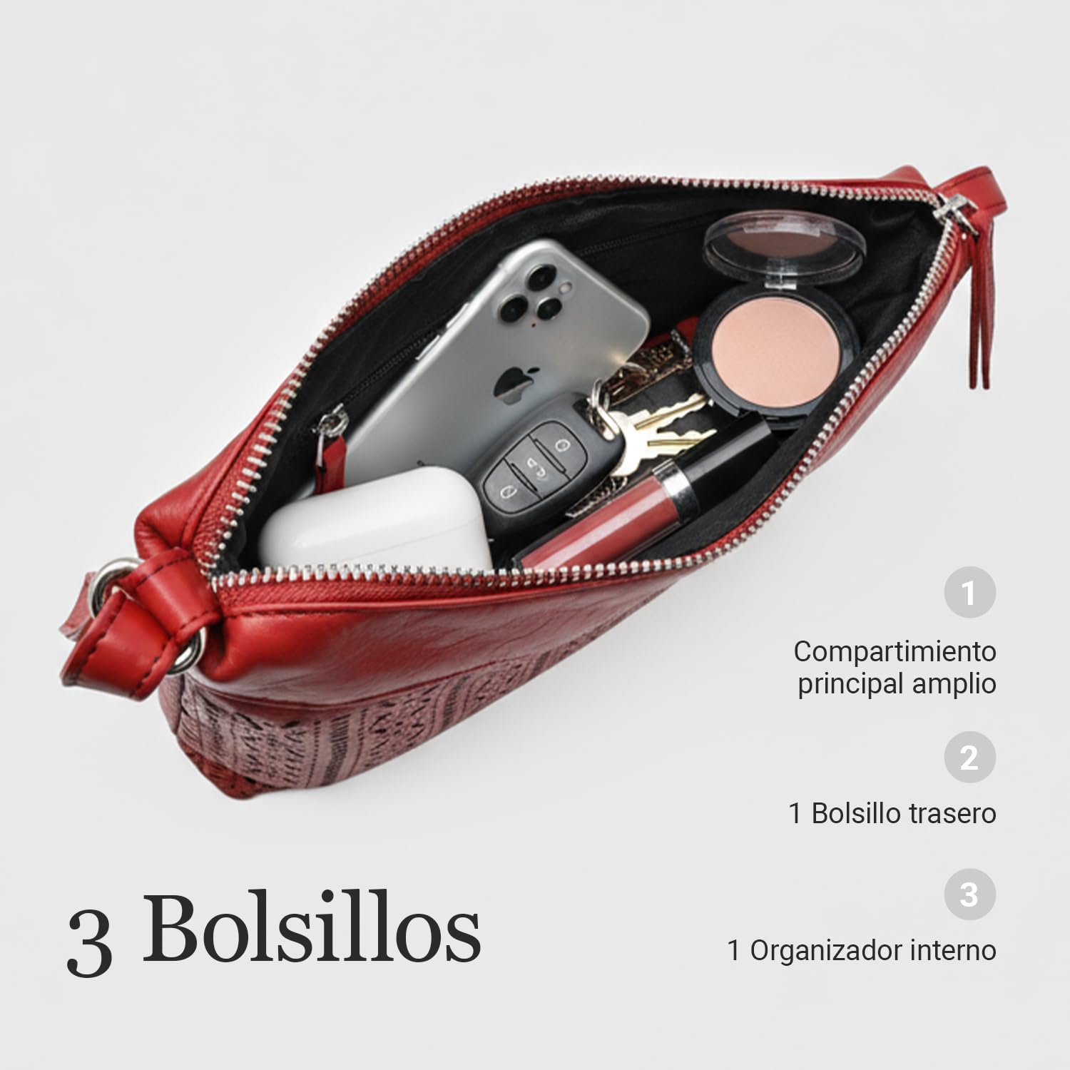Laura Valle Bolso Bandolera Mujer Pequeño Modelo Belma – Bolso Piel Auténtica Mujer Con Filigrana Repujada, Cremalleras Seguras y Diseño Compacto Elegante Para El Día A Día