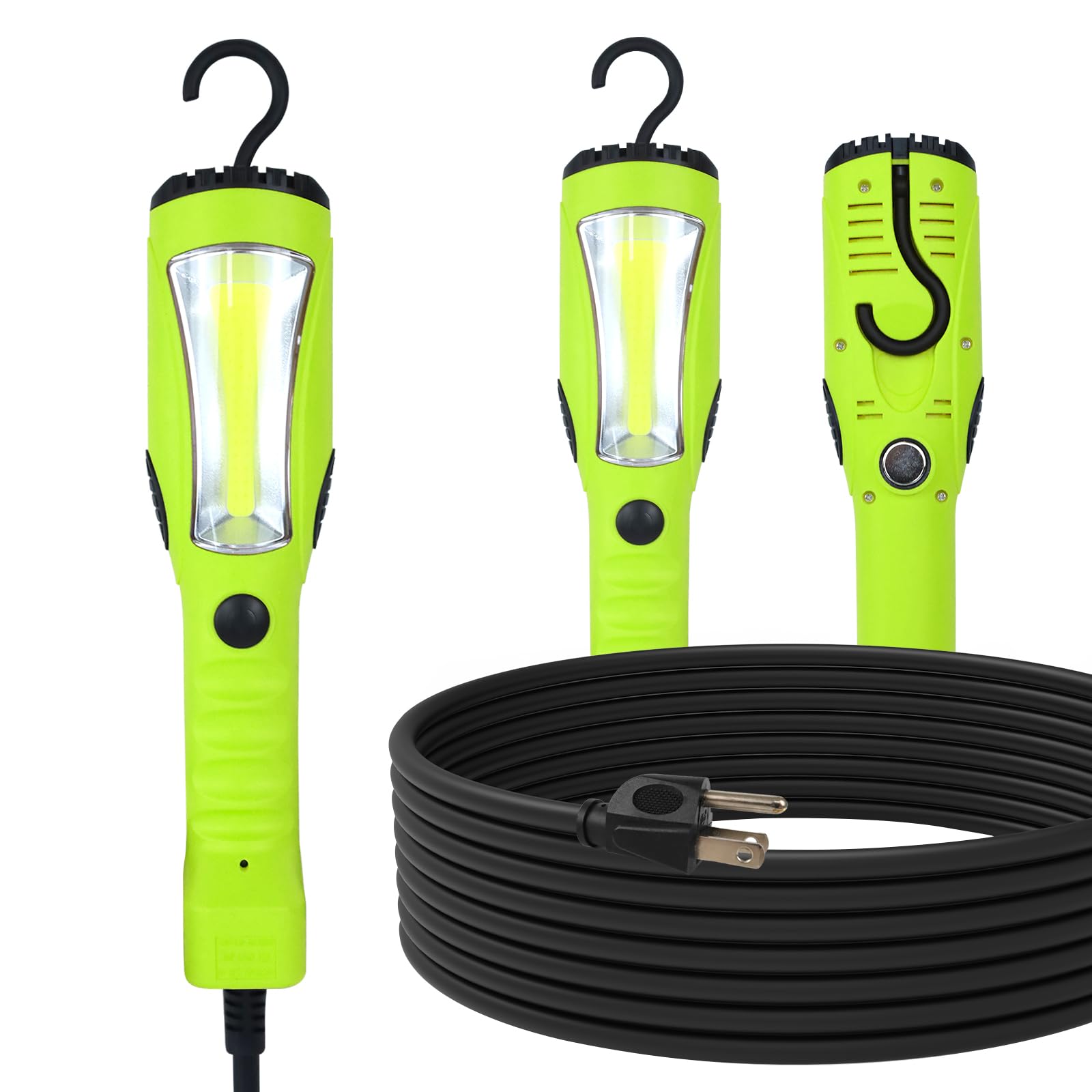 - 25 Ft LED Work Light, 1200 Lumen COB LED Trouble Light - 16 Gauge SJTW Indoor Outdoor Extension Cord, Handheld, Magnetic Base, Rotatable Hanging Hook - Green